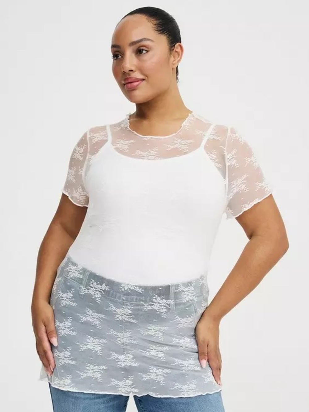 Torrid Cream Sheer Lace Short Sleeve Top, Size 1X